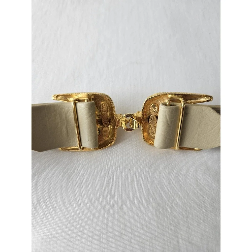 Vtg 1973 Mimi Di N Ivory Cream Leather Gold Buckle Love Birds Sparrows Belt - Picture 4 of 12
